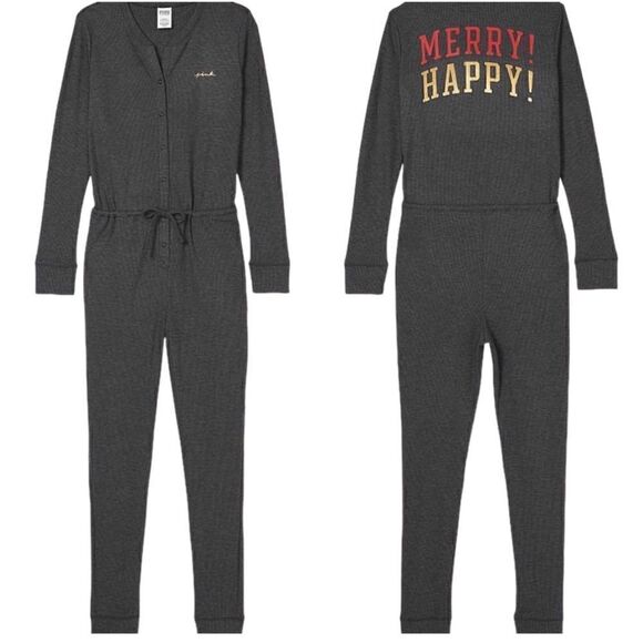 VS PINK Grey Thermal Holiday Merry Happy Drawstring Pajama Onesie w/ Pockets - Picture 2 of 5